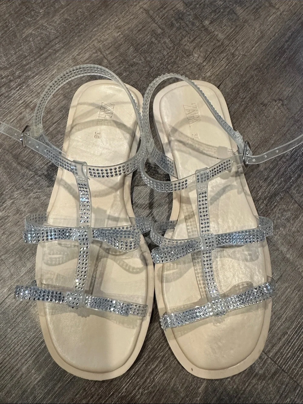 Zara Beige Sandals with Silver Sparkle Straps